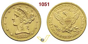 U.S.A.      5 Dollari 1881, Philadelphia.   ... 