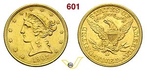 U.S.A. -     5 Dollari 1907 D.   Au    g ... 