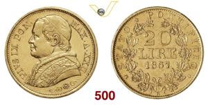 PIO IX  (1846-1878)  20 Lire busto medio  ... 