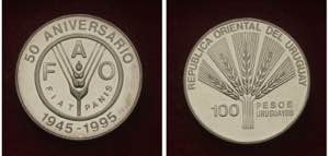 URUGUAY, 100 PESOS 1995 - FAO, PROOF, KM III