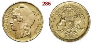 CHILE  REPUBLIC  5 Pesos 1895  Fb.  50  Au  ... 