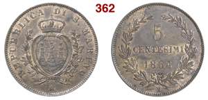 SAN MARINO  REPUBLIC  5 Centesimi 1864  ... 