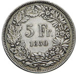 SVIZZERA    5 Franchi 1850.   Ag