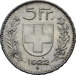 SVIZZERA    5 Franchi 1922.   Ag