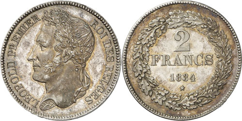 2 Francs 1834, Bruxelles. FLAN ... 