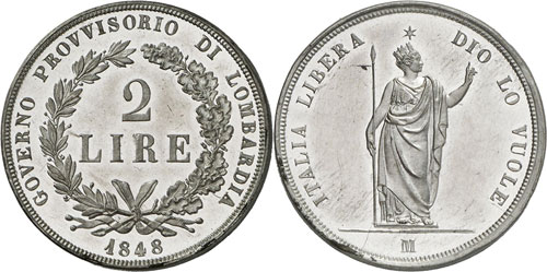 L ombardie - 2 Lire 1848 M, Milan. ... 