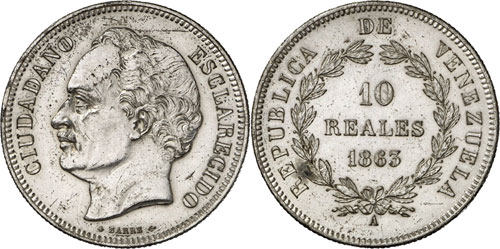 VENEZUELA - 10 Reales 1863 A, ... 