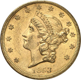 20 dollars Coronet Head 1853.  ... 