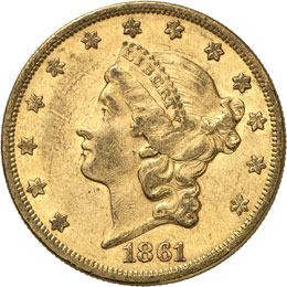 20 dollars Coronet Head 1861 S, ... 