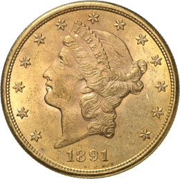 20 Dollars Coronet Head 1891 S, ... 