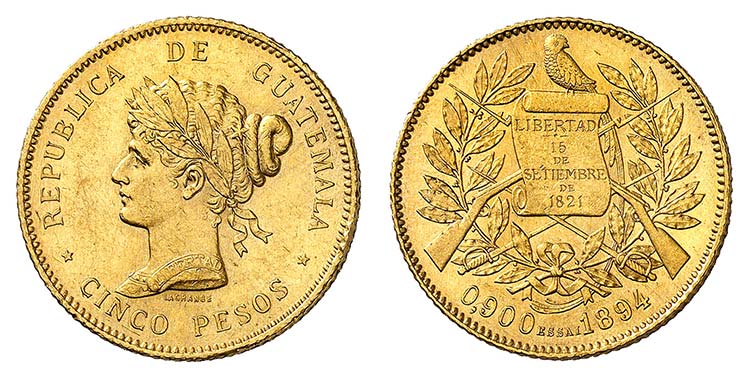 5 Pesos 1894, Paris. ESSAI en OR ... 