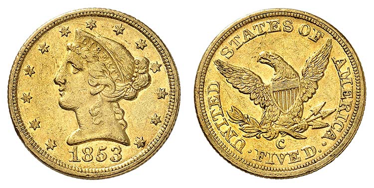 5 Dollars 1853 C, Charlotte. Tête ... 