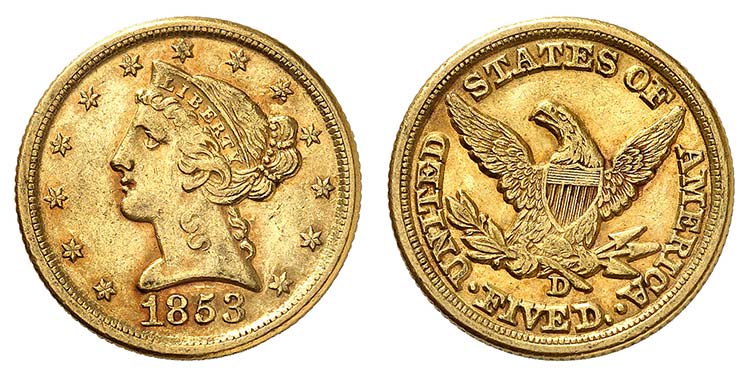 5 Dollars 1853 D, Dahlonega. Tête ... 