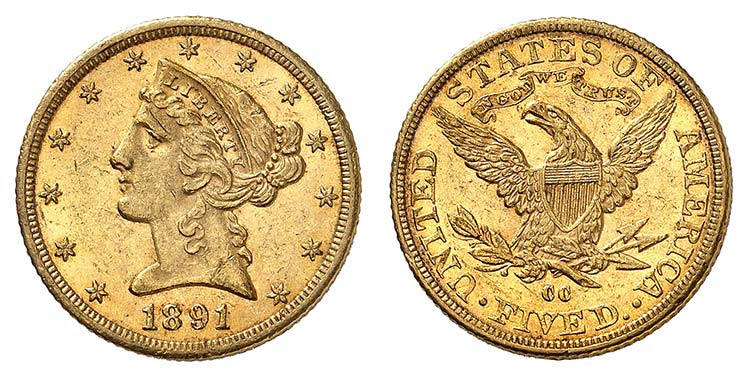 5 Dollars 1891 CC, Carson City. ... 