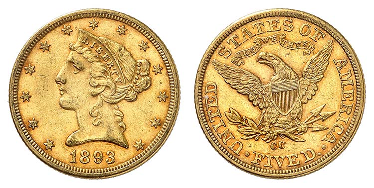 5 Dollars 1893 CC, Carson City. ... 