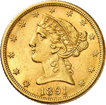 5 Dollars Coronet Head 1891 CC, ... 