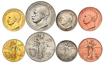 Série de 4 monnaies 1911; 50 Lire ... 