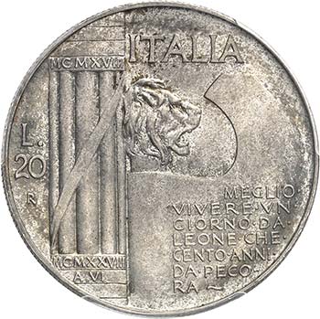 20 Lire 1928/VI R, Rome. Tête ... 