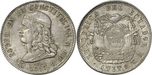 5 Francos 1858 GJ, Quito. Armoiries ... 