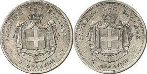 Georges I, 1863-1913. 2 Drachmes (1868 A), ... 