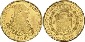 Charles IV, 1788-1808. 8 Escudos 1808 Mo-TH, ... 