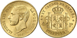 Alphonse XII, 1875-1886. 4 Pesos 1882. Tête ... 