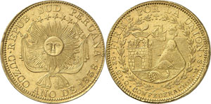 PEROU  - 8 Escudos 1838 MS, Cuzco. Soleil ... 