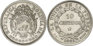BOLIVIE - 10 Centavos 1883 EG. ESSAI en ... 