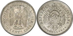 BOLIVIE - 20 Centavos 1868 CT, La Paz. ESSAI ... 