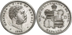 HAWAI - 1/2 Dollar 1883. Tête nue du roi à ... 
