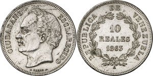 VENEZUELA - 10 Reales 1863 A, Paris. Tête ... 