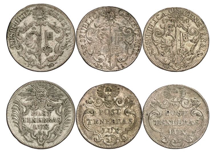 Lot de 3 pièces : 21 Sols 1710, 1711, 1714. ... 