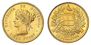 5 Pesos 1894, Paris. ESSAI en OR par ... 