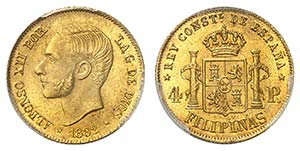 Alphonse XII, 1874-1885.  4 Pesos 1882. ... 