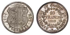 Genève - 10 Francs en argent 1848. Armes de ... 