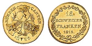 Grisons - 16 Franken 1813. Trois écussons ... 