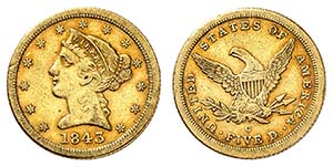 5 Dollars 1843 C, Charlotte. Tête de la ... 