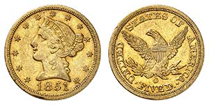 5 Dollars 1851 O, New Orleans. Tête de la ... 