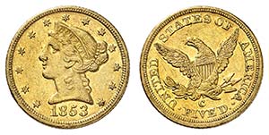5 Dollars 1853 C, Charlotte. Tête de la ... 