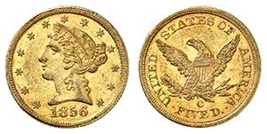 5 Dollars 1856 C, Charlotte. Tête de la ... 