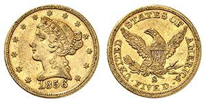 5 Dollars 1856 S, San Francisco. Tête de la ... 