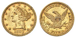 5 Dollars 1857 S, San Francisco. Tête de la ... 