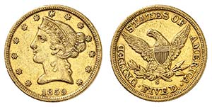5 Dollars 1859 S, San Francisco. Tête de la ... 