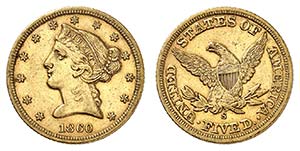 5 Dollars 1860 S, San Francisco. Tête de la ... 