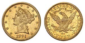 5 Dollars 1891 CC, Carson City. Tête de la ... 