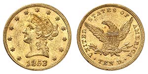 10 Dollars 1853. Variété avec CHIFFRE 3 ... 