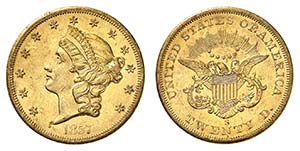 20 Dollars 1857 S, San Francisco. Tête de ... 