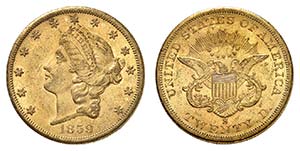 20 Dollars 1859 S, San Francisco. Tête de ... 