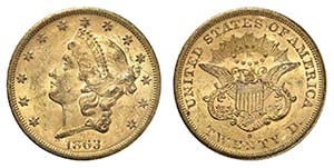 20 Dollars 1863 S, San Francisco. Tête de ... 