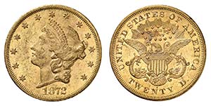20 Dollars 1872 S, San Francisco. Tête de ... 